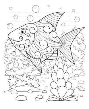 Elle çizilmiş dekoratif balık dalgalar ve deniz yosunu ile