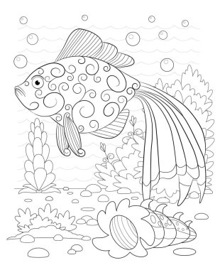 Elle çizilmiş dekoratif balık dalgalar ve deniz yosunu ile