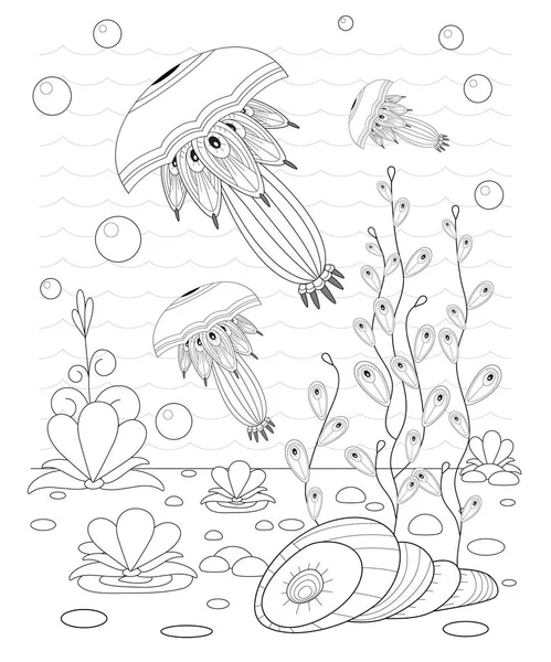 Hand drawn decorative jellyfish in the waves and with seaweed — Stock Vector