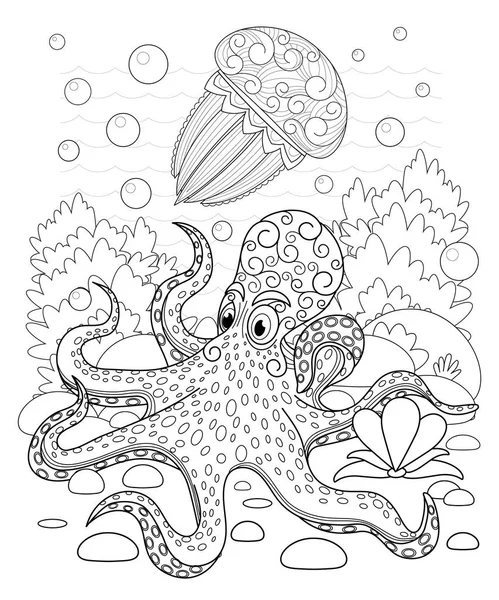 Ubur-ubur dekoratif tangan dan gurita - Stok Vektor