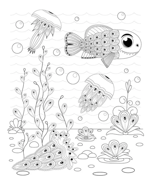 Hand drawn decorative fish and jellyfish  in the waves — Stock Vector