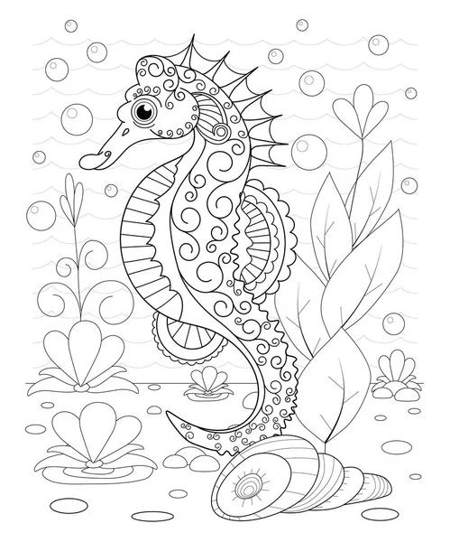 Ручной рисунок декоративного морского коня в волнах — стоковый вектор