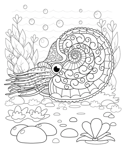 Hand drawn decorative shell Nautilus in the waves — Stock Vector