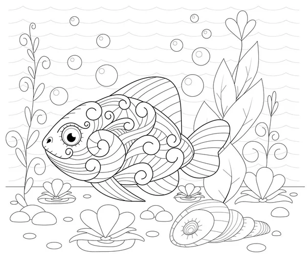 Peixe decorativo desenhado à mão nas ondas e com algas — Vetor de Stock