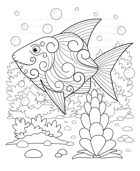 Peixe decorativo desenhado à mão nas ondas e com algas — Vetor de Stock