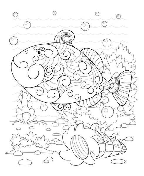 Peces decorativos dibujados a mano en las olas y con algas marinas — Vector de stock