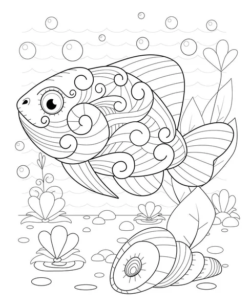 Hand drawn decorative fish in the waves and with seaweed — Stock Vector