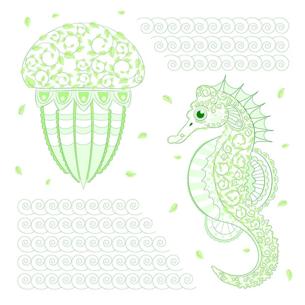 Handgezeichnete dekorative Seepferdchen und Quallen mit Blättern — Stockvektor