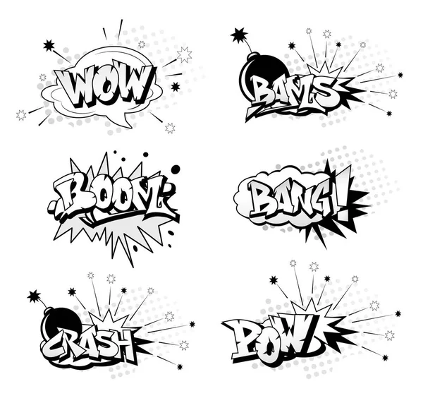 Elementos divertidos de superhéroes de dibujos animados: crash, boom, pow, bang, wo — Vector de stock