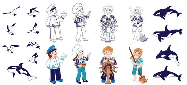 Conjunto Náutica de personagens de desenhos animados. Desenho para colorir . — Vetor de Stock