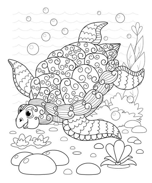 Hand drawn decorative Turtle in the waves and with seaweed — Stock Vector