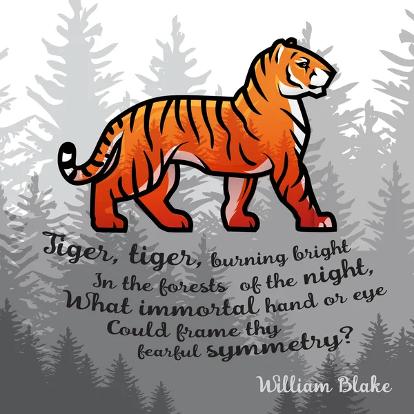 Tigre de Bengala em desenho de cartaz de floresta. Modelo vetorial de exposição dupla. Ilustração de poema antigo em fundo nebuloso . — Vetor de Stock