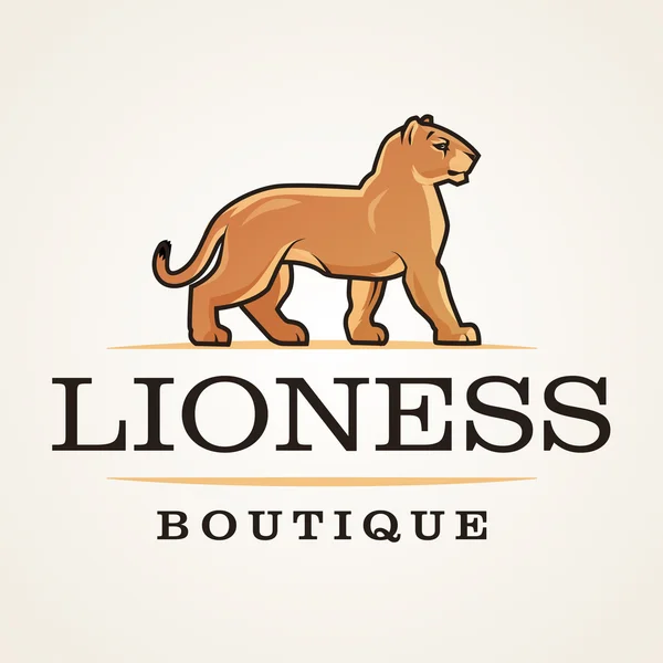 Lejoninna vektor. Lion designmall. Butik eller boutique illustration. Stor katt insignier, Puma på ljus bakgrund. — Stock vektor