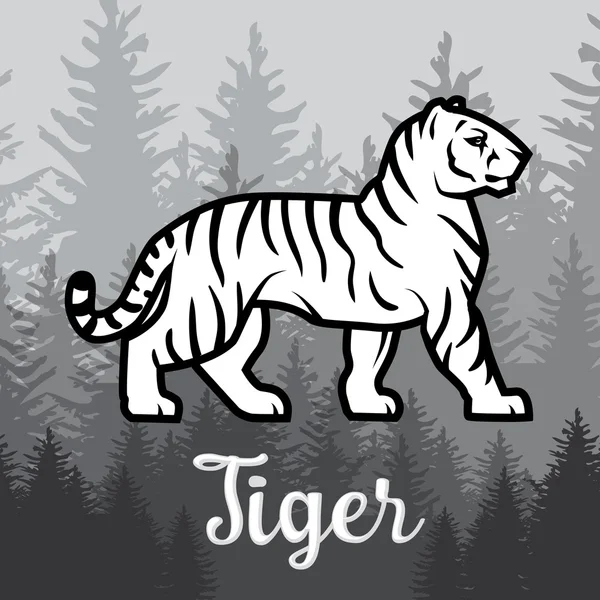 Белый тигр в оформлении лесного плаката. векторная иллюстрация на туманном фоне . — стоковый вектор