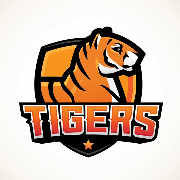 Tigris pajzs sport kabalája sablon. Premade foci vagy a kosárlabda javítás design. Egyetemi bajnokság insignia, középiskolai csapat vektor — Stock Vector