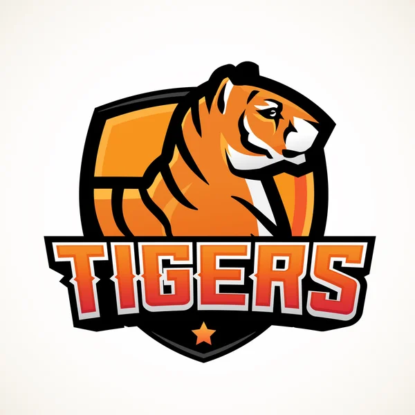 Modèle de mascotte de sport Tiger shield. Conception de patch de football ou de basket-ball préfabriqué. Insignes de la ligue universitaire, vecteur de l'équipe du secondaire — Image vectorielle