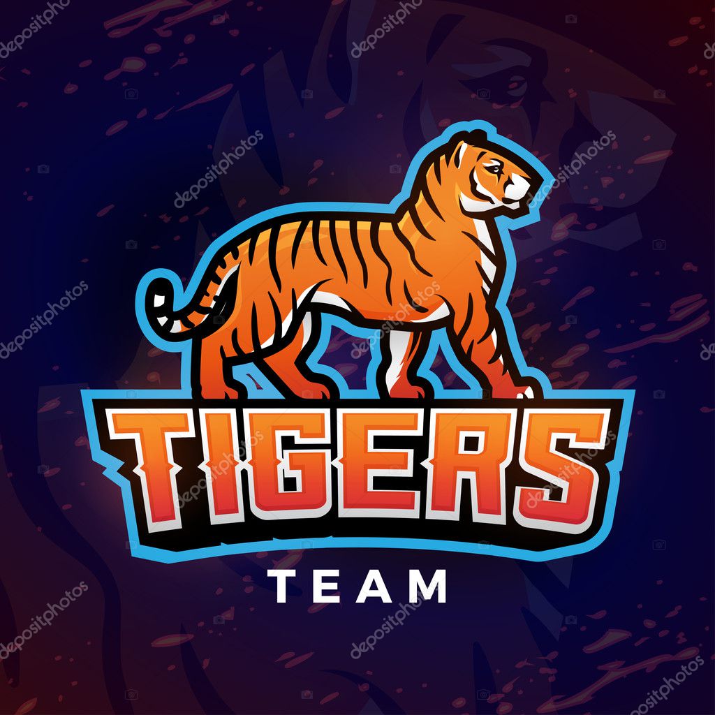 Tiger mascot vector. Sport design template. Football or baseball illustration. College league insignia, School team on dark background