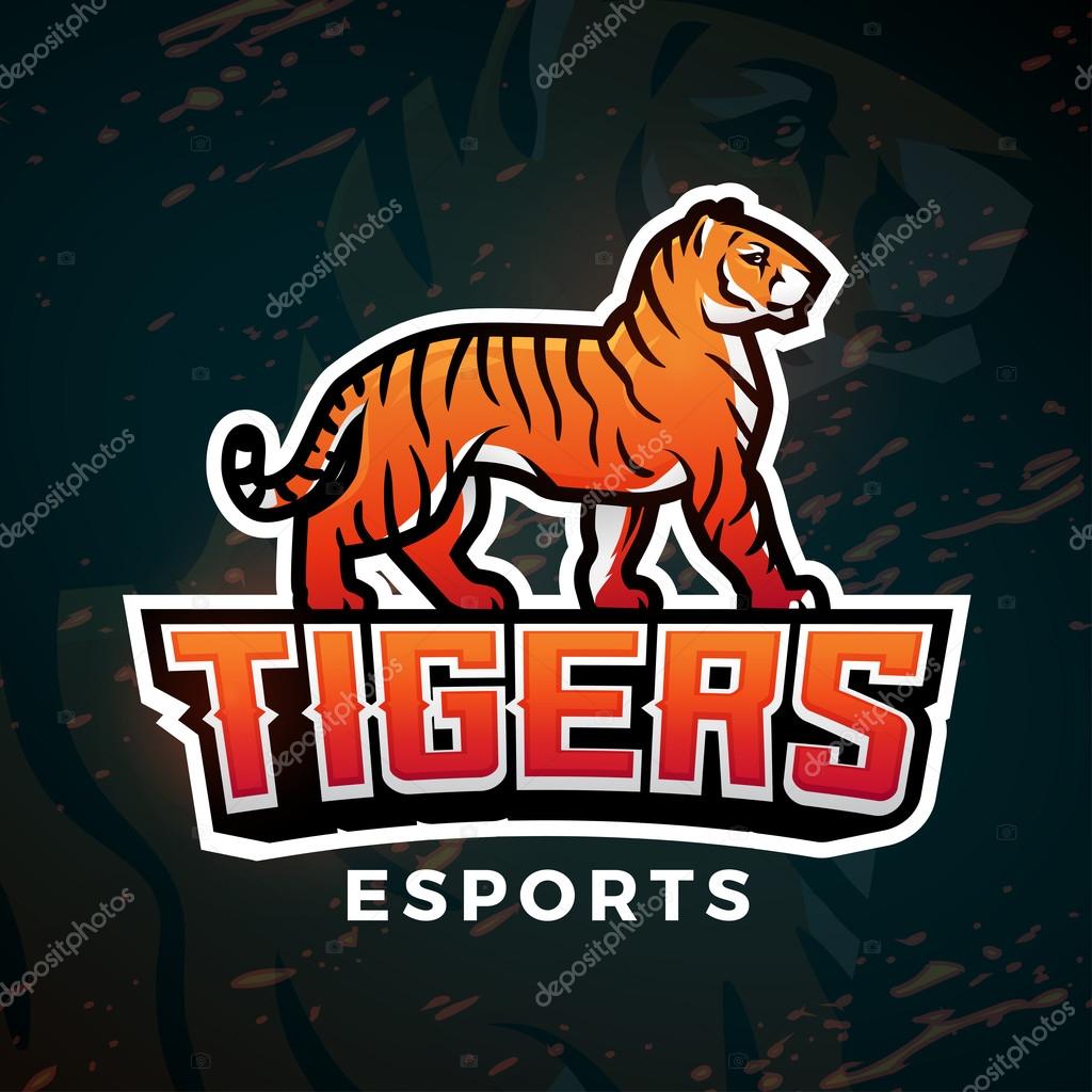 Tiger sport vector. Mascot design template. Football or baseball illustration. College league insignia, High School team icon on dark background