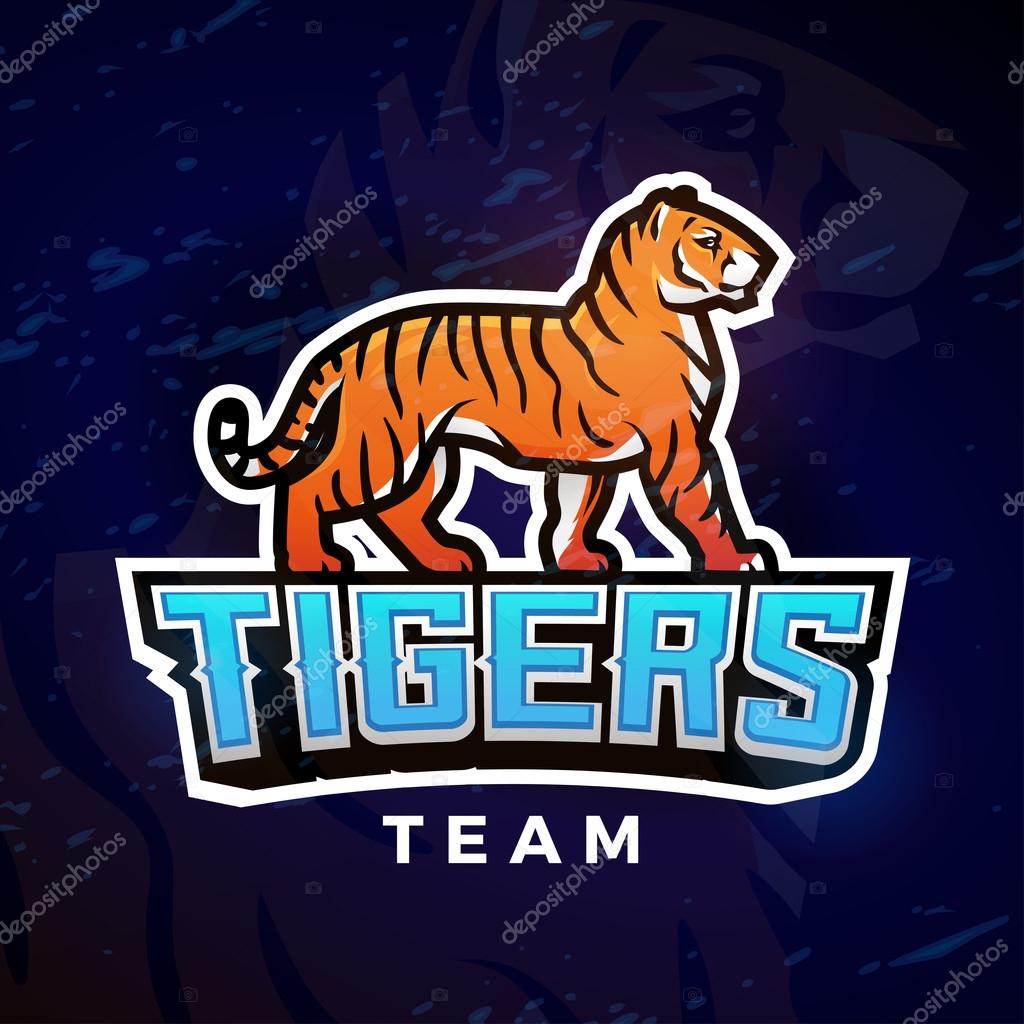 Tiger sport vector. Mascot design template. Football or baseball illustration. College league insignia, High School team icon on dark background
