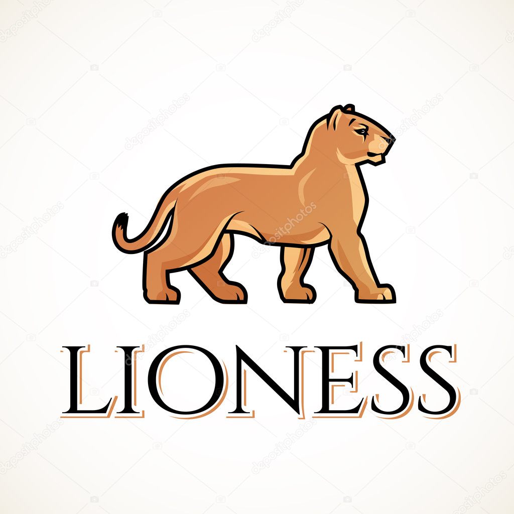 Lioness vector. Lion design template. Shop or boutique illustration. Big cat insignia, Cougar logotype on light background.