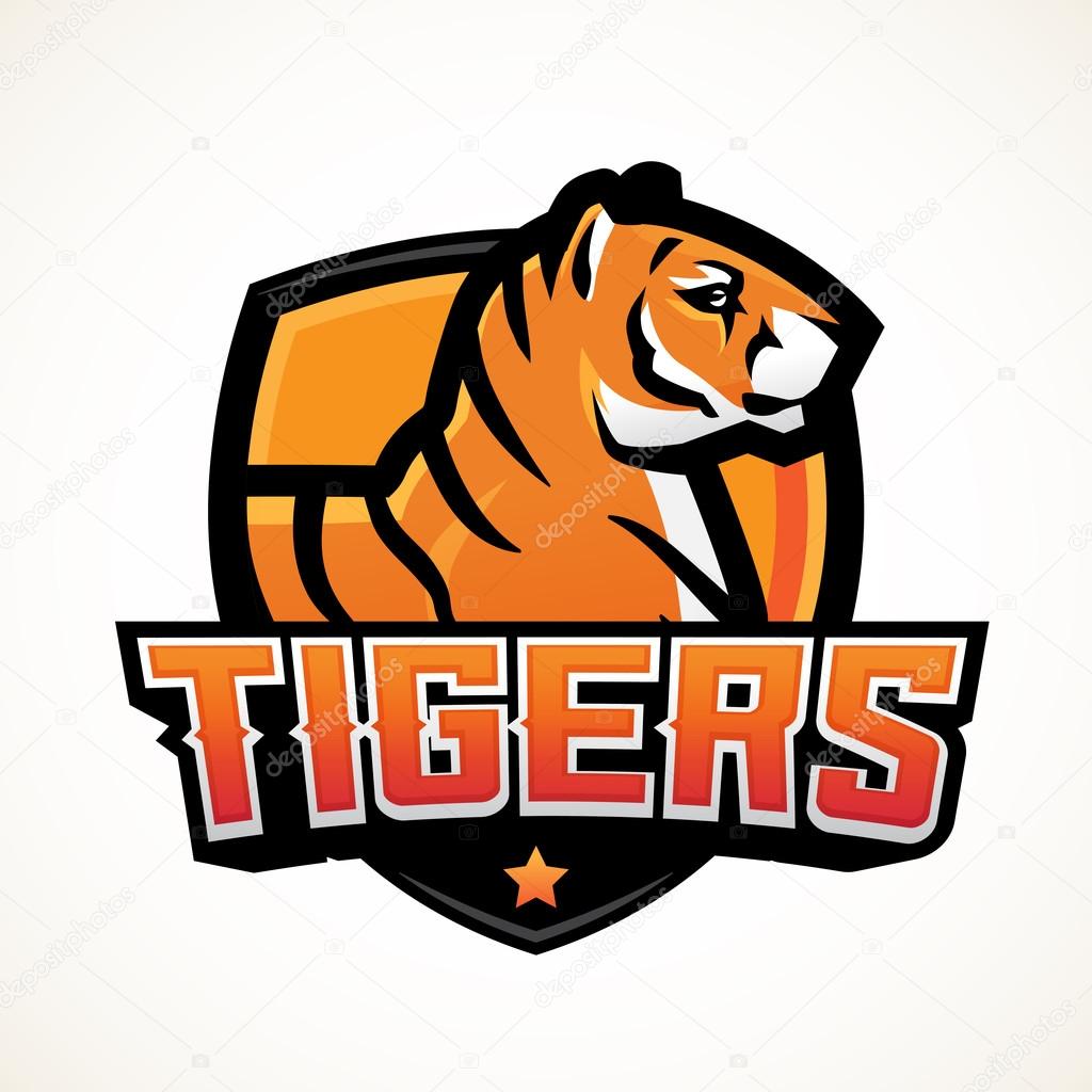 Tiger shield sport mascot template. Premade football or basketball patch design. College league insignia, High school team vector.
