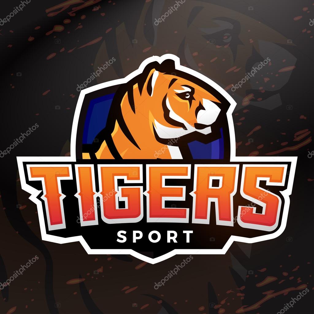 Tiger shield sport mascot template. Football, basketball or baseball patch design. College league insignia, High school team vector.