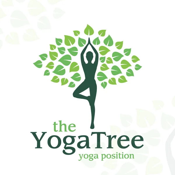 矢量瑜伽标志的概念。树的位置徽章设计。健身中心的插图。叶子在白色背景上的女孩. — 图库矢量图片