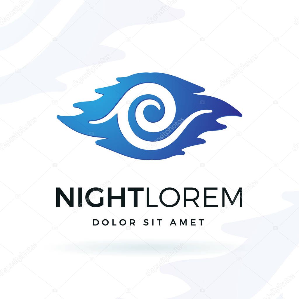 Blue night vector design element. Modern wave shape symbol logo concept. Moon in clouds illustration on white background