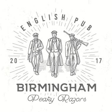 Retro solgun logo. At gözlüğü çizim ile şapka giyen adamlar. Gangsterler VINTAGE poster. İngiliz pub amblemi. Birmingham çete vektör tasarımı