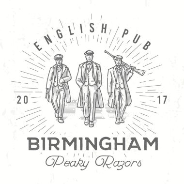 Retro peaky logo. Men in hats with blinders illustration. Gangsters vintage poster. English pub insignia. Birmingham gang vector design clipart