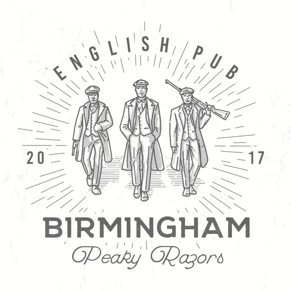 Retro peaky logo. Men in hats with blinders illustration. Gangsters vintage poster. English pub insignia. Birmingham gang vector design — Stock Vector