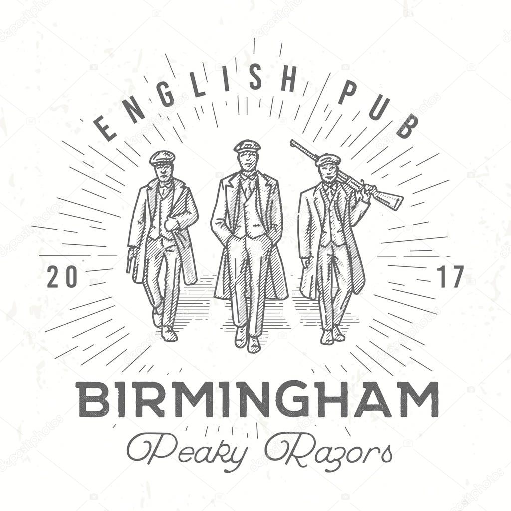 Retro peaky logo. Men in hats with blinders illustration. Gangsters vintage poster. English pub insignia. Birmingham gang vector design