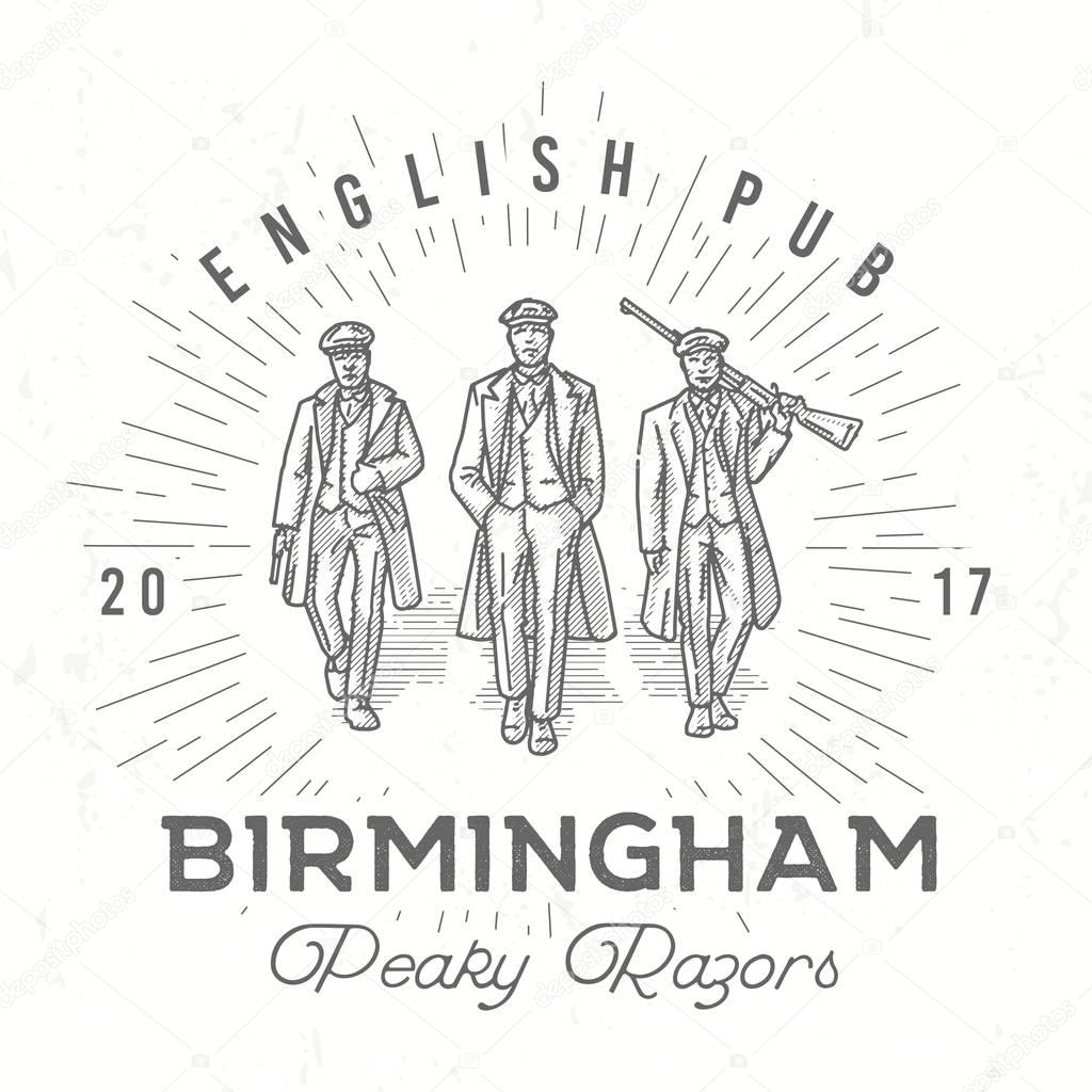 Retro peaky logo. Men in hats with blinders illustration. Gangsters vintage poster. English pub insignia. Birmingham gang vector design.