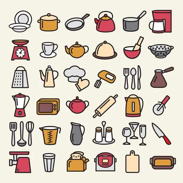Zestaw przyborów kuchennych kolor linii ikon — Wektor stockowy