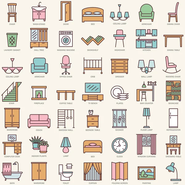 Ruangan furniture ikon warna linier set vektor - Stok Vektor
