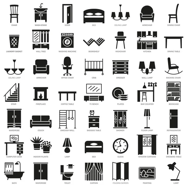 Kamer meubilair silhouet icons set — Stockvector