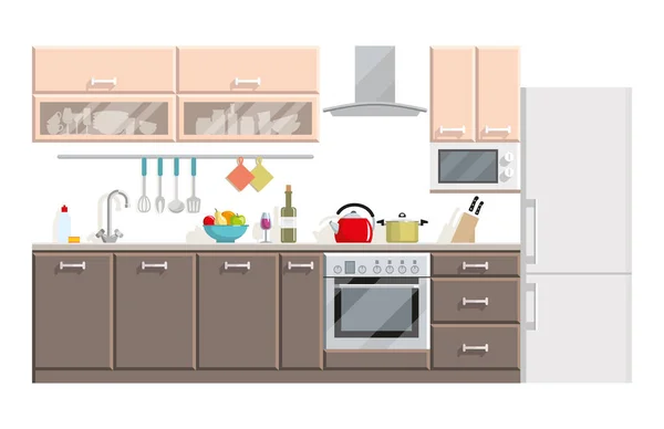 Современный интерьер кухни и мебель на белом фоне — стоковый вектор