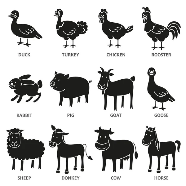 Ensemble de silhouettes d'animaux de ferme isolés à caroon — Image vectorielle