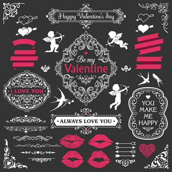 Conjunto Elementos Diseño Día Amor San Valentín Esquina Borde Florecido — Archivo Imágenes Vectoriales