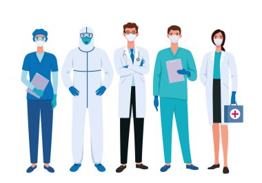 Beyaz tıbbi maske takan bir grup doktor çizgi film karakteri. Koronavirüsü durdurun.