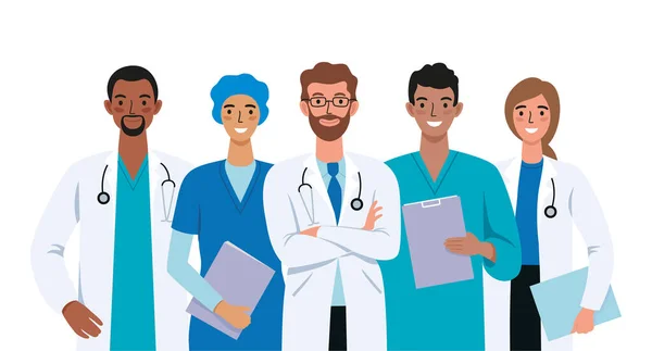 Bir dizi doktor ve hemşire çizgi film karakteri güler yüzlü