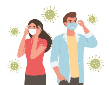 Yüz maskesi takan insanlar. Wuhan Corona virüsü (Covid-19 veya 2019-ncov) illüstrasyon. Virüs el çizimi