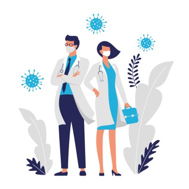 Doktorlardan oluşan bir ekip. Bir kadın ve bir erkek çizgi film karakteri. Beyaz tıbbi maske takmış, Coronavirus 'a karşı.