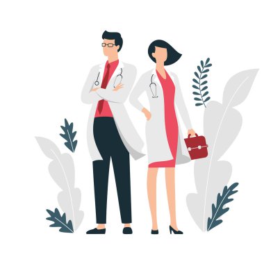 Doktor takımı, bir kadın ve erkek karikatür karakterleri çiçek arkaplanda.