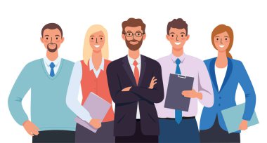 İşletme bürosu kolektif grup çalışması. Beyaz arkaplandaki gülümseyen karakterler.