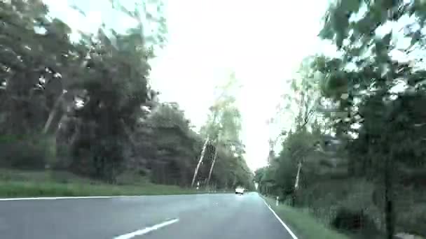 Car Overtaking Road Car Driving Forest Road Dusk Travel Transportation — Stock Video