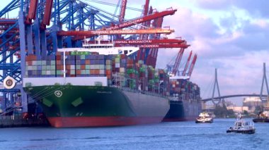 Konteyner gemileri eklentiyi veya Burchartkai ve Eurokai, Almanya Hamburg liman içinde onların kargo yük.