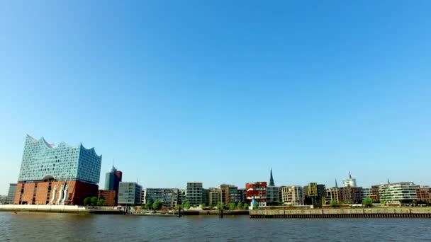 Hamburgo Skyline Vista Barco Passando Pelo Centro Cidade Porto Hafen — Vídeo de Stock