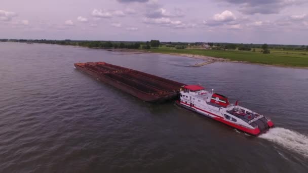 Letecký Pohled Nákladní Lodi Řece Rýn Přepravu Zboží Německo — Stock video