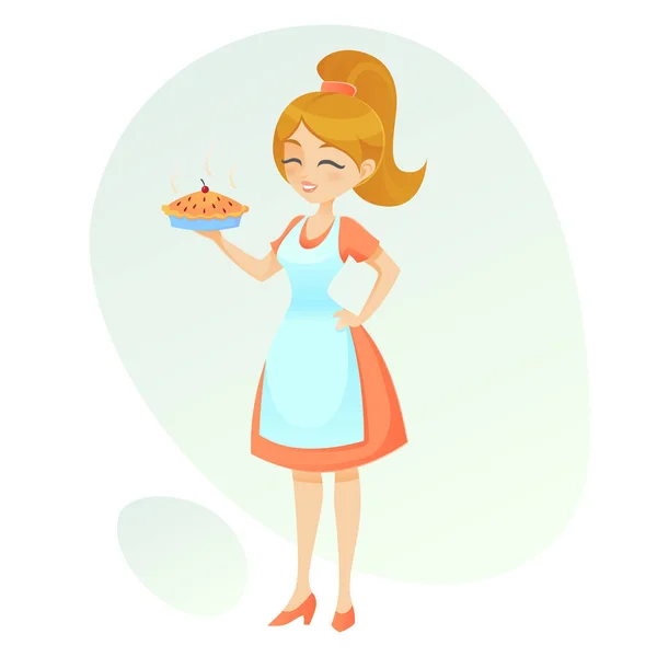 Vector cartoon illustration Friendly lady showing her home made pie retro cute woman holding a hot pie — Stock Vector